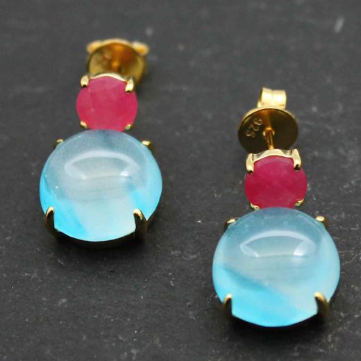 Pendientes Plata Dorada Mujer PEM0084DORUOA Piedras Minerales Rubí y Ópalo Azul