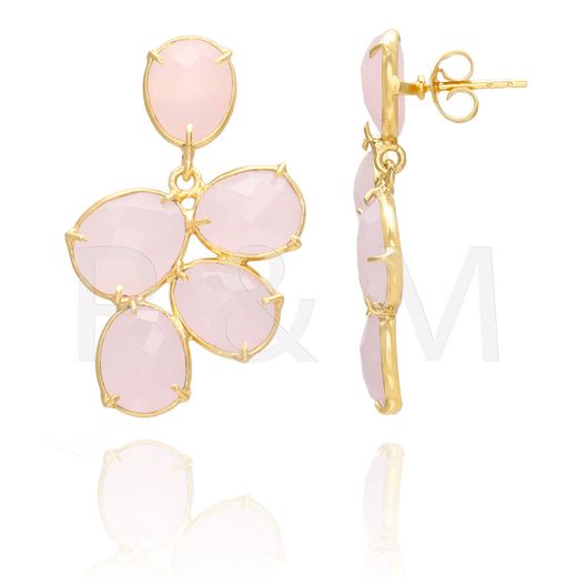 Pendientes Plata Dorada Mujer PEM0088DOCR Piedras Minerales Cuarzo Rosa