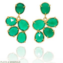 Pendientes Plata Dorada Mujer PEM0088DOOV Piedras Minerales Onix Verde