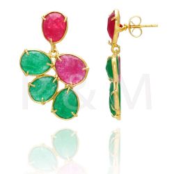 Pendientes Plata Dorada Mujer PEM0088DORUOV Piedras Minerales Onix Verde y Rubí