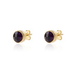 Pendientes Plata Dorada Mujer PEM0089DOAM Piedras Minerales Amatista Redondas