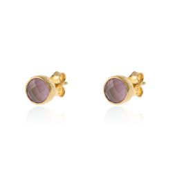 Pendientes Plata Dorada Mujer PEM0089DOCR Piedras Minerales Cuarzo Rosa Redondas