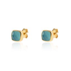 Pendientes Plata Dorada Mujer PEM0090DOCB Piedras Minerales Calcedonia Azul Cuadradas