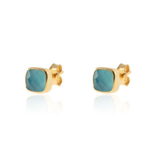 Pendientes Plata Dorada Mujer PEM0090DOCB Piedras Minerales Calcedonia Azul Cuadradas