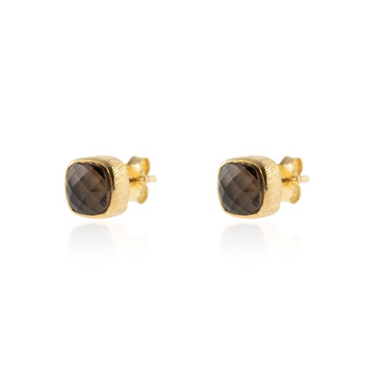 Pendientes Plata Dorada Mujer PEM0090DOCH Piedras Minerales Cuarzo Ahumado Cuadradas