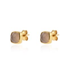 Pendientes Plata Dorada Mujer PEM0090DOCR Piedras Minerales Cuarzo Rosa Cuadradas