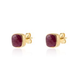 Pendientes Plata Dorada Mujer PEM0090DORU Piedras Minerales Rubí Cuadradas