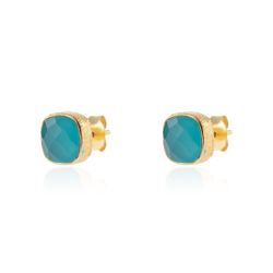 Pendientes Plata Dorada Mujer PEM0091DOCB Piedras Minerales Calcedonia Azul Cuadradas