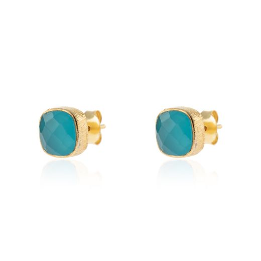 Pendientes Plata Dorada Mujer PEM0091DOCB Piedras Minerales Calcedonia Azul Cuadradas