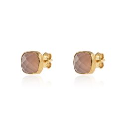 Pendientes Plata Dorada Mujer PEM0091DOCR Piedras Minerales Cuarzo Ahumado Cuadradas