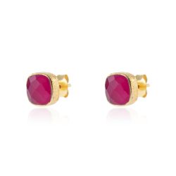 Pendientes Plata Dorada Mujer PEM0091DORU Piedras Minerales Rubí Cuadradas
