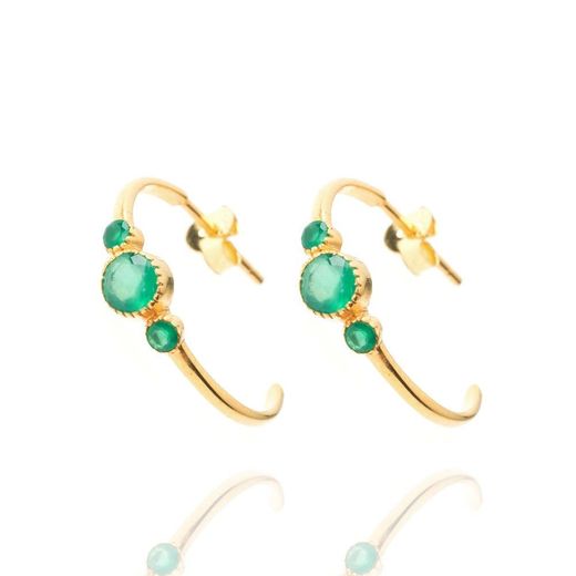 Pendientes Plata Dorada Mujer PEM0097DOOV Medio Aro Piedras Minerales Onix Verde