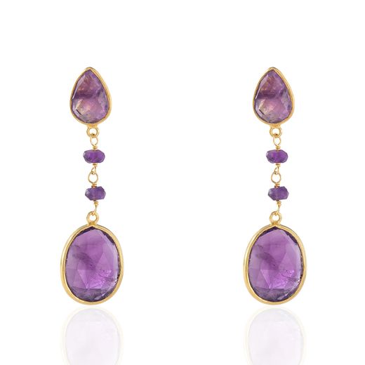Pendientes Plata Dorada Mujer PEM0103DOAM Colgante Piedras Minerales Amatista
