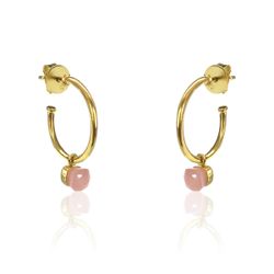 Pendientes Plata Dorada Mujer PEM0114DOCR Aro Abierto Piedras Minerales Cuarzo Rosa