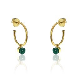 Pendientes Plata Dorada Mujer PEM0114DOOV Aro Abierto Piedras Minerales Onix Verde