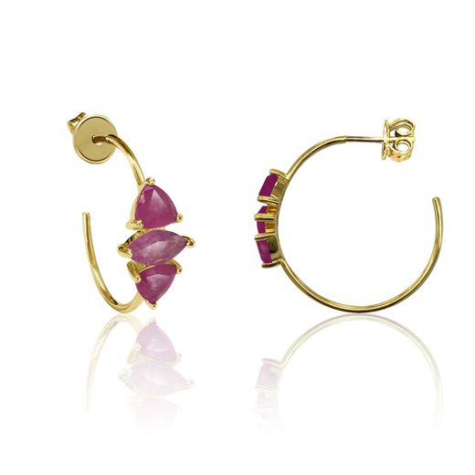 Pendientes Plata Dorada Mujer PEM0124DORU Aro Abierto Piedras Minerales Rubí