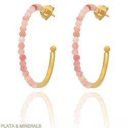Pendientes Plata Dorada Mujer PEM0127DOOR Aro Piedras Minerales Ópalo Rosa