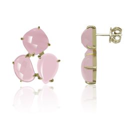 Pendientes Plata Dorada Mujer PEM0158DOCR 3 Piedras Minerales Cuarzo Rosa