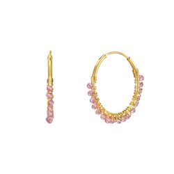 Pendientes Plata Dorada Mujer PEM0202DOPG25 Aro Piedras Minerales Pink Glass