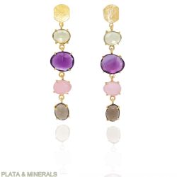 Pendientes Plata Dorada Mujer PEM0209DOAM Piedras Minerales Amatista, Cuarzo Rosa, Citrino y Cuarzo Ahumado