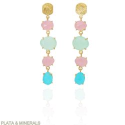 Pendientes Plata Dorada Mujer PEM0209DOCA Piedras Minerales Calcedonia, Cuarzo Rosa y Calcedonia Azul