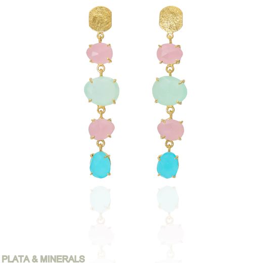 Pendientes Plata Dorada Mujer PEM0209DOCA Piedras Minerales Calcedonia, Cuarzo Rosa y Calcedonia Azul