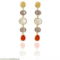 Pendientes Plata Dorada Mujer PEM0209DOCI Piedras Minerales Citrino, Cuarzo Ahumado y Cornalina