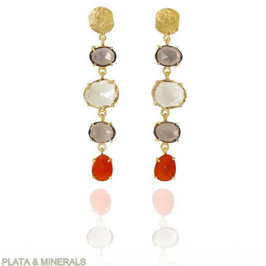 Pendientes Plata Dorada Mujer PEM0209DOCI Piedras Minerales Citrino, Cuarzo Ahumado y Cornalina