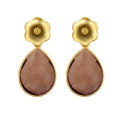 Pendientes Plata Dorada Mujer PEM0214DOCH Lagrima & Flor Piedras Minerales Cuarzo Ahumado
