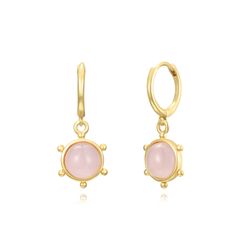 Pendientes Plata Dorada Mujer PEM0246DOCR Aro Colgante Piedra Mineral Cuarzo Rosa