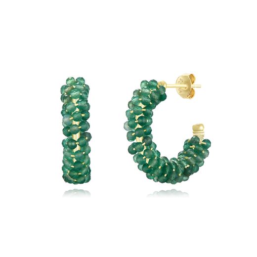 Pendientes Plata Dorada Mujer PEM0257DOAE Aro Abierto Piedras Minerales Aventurina Verde