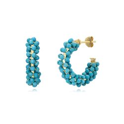 Pendientes Plata Dorada Mujer PEM0257DOTU Aro Abierto Piedras Minerales Turquesa