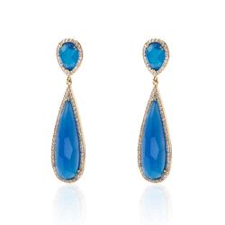 Pendientes Plata Dorada Mujer 10x30mm PEZ0012DOAA Aro Colgante Piedra Mineral Jade Azul