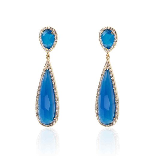 Pendientes Plata Dorada Mujer 10x30mm PEZ0012DOAA Aro Colgante Piedra Mineral Jade Azul
