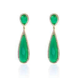 Pendientes Plata Dorada Mujer 10x30mm PEZ0012DOJV Aro Colgante Piedra Mineral Jade Verde