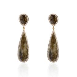 Pendientes Plata Dorada Mujer 10x30mm PEZ0012DOLA Aro Colgante Piedra Mineral Labradorita