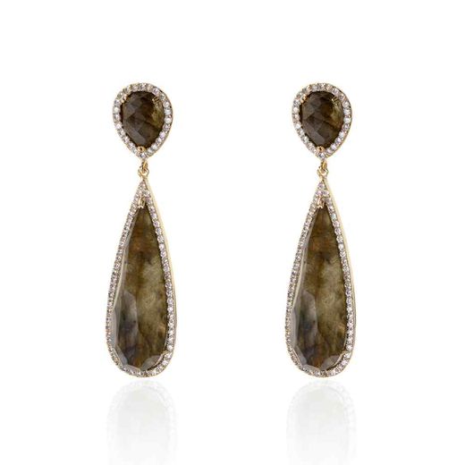 Pendientes Plata Dorada Mujer 10x30mm PEZ0012DOLA Aro Colgante Piedra Mineral Labradorita