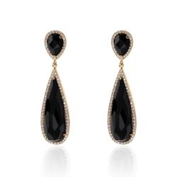 Pendientes Plata Dorada Mujer 10x30mm PEZ0012DOOX Aro Colgante Piedra Mineral Onix Negro