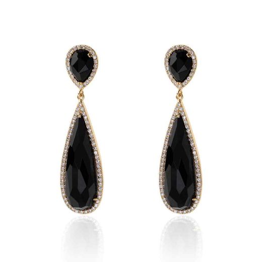 Pendientes Plata Dorada Mujer 10x30mm PEZ0012DOOX Aro Colgante Piedra Mineral Onix Negro