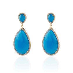 Pendientes Plata Dorada Mujer 20x30mm PEZ0013DOAA Aro Colgante Piedra Mineral Jade Azul