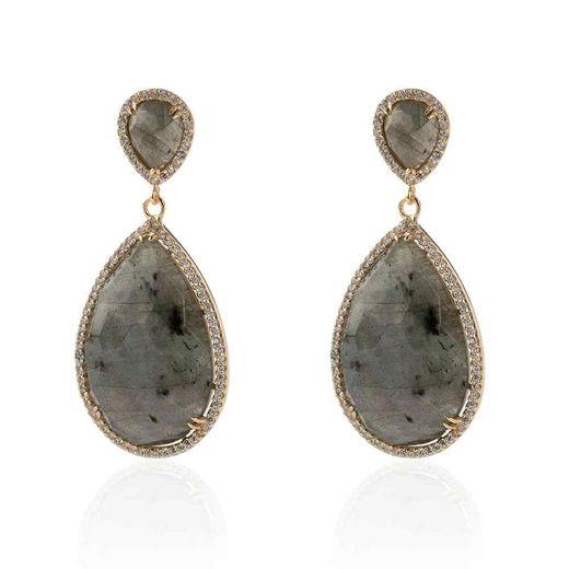Pendientes Plata Dorada Mujer 20x30mm PEZ0013DOLA Aro Colgante Piedra Mineral Labradorita