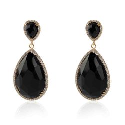 Pendientes Plata Dorada Mujer 20x30mm PEZ0013DOOX Aro Colgante Piedra Mineral Onix Negro