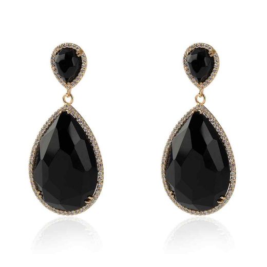 Pendientes Plata Dorada Mujer 20x30mm PEZ0013DOOX Aro Colgante Piedra Mineral Onix Negro