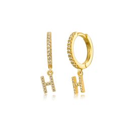 Pendientes Plata Dorada Mujer PEZ0392DOH Aro C. Colgante Letra H & Circonitas