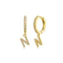 Pendientes Plata Dorada Mujer PEZ0392DON Aro C. Colgante Letra N & Circonitas