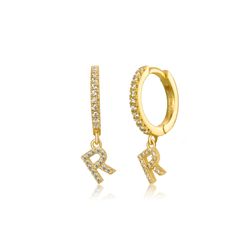 Pendientes Plata Dorada Mujer PEZ0392DOR Aro C. Colgante Letra R & Circonitas