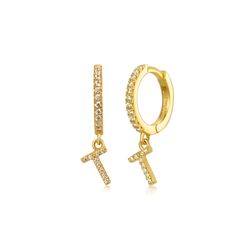Pendientes Plata Dorada Mujer PEZ0392DOT Aro C. Colgante Letra T & Circonitas