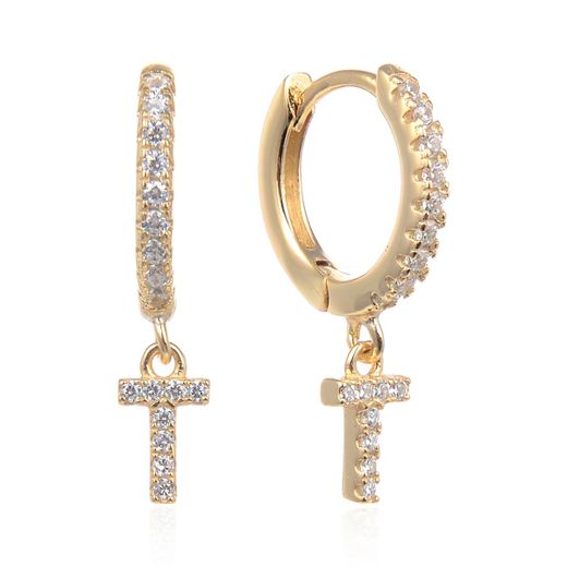 Pendientes Plata Dorada Mujer 6mm PEZ0643DOT Aro Colgante Letra T