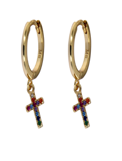 Pendientes Plata Dorada Mujer PPAC31/1C Aro Colgante Cruz Circonitas Multicolor