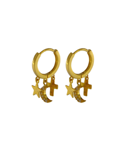 Pendientes Plata Dorada Mujer PPAC49/C Aro Colgante Estrella - Media Luna - Cruz